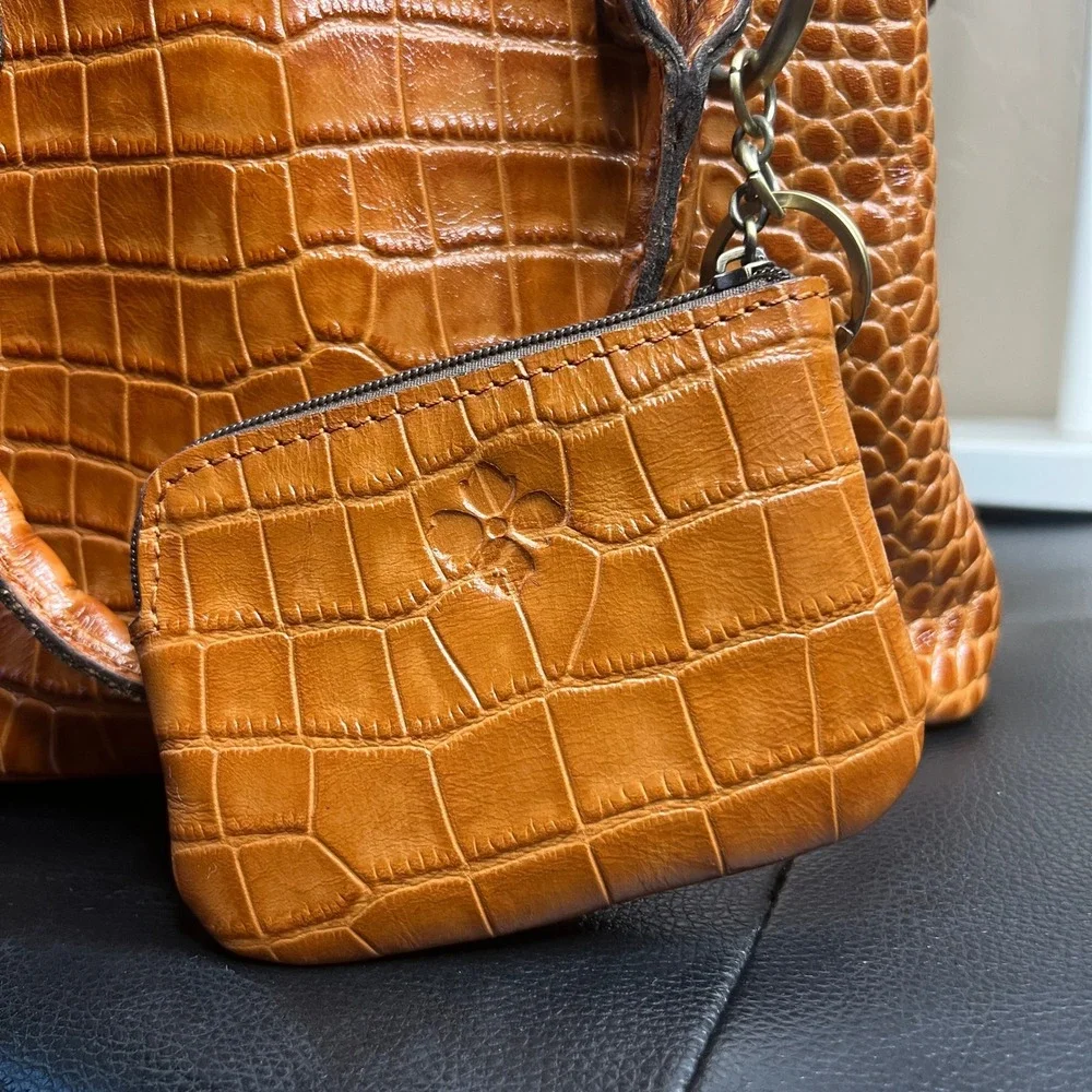 Patricia Nash Cognac Brown Crocodile Embossed Satchel Handbag & Pouch Crossbody